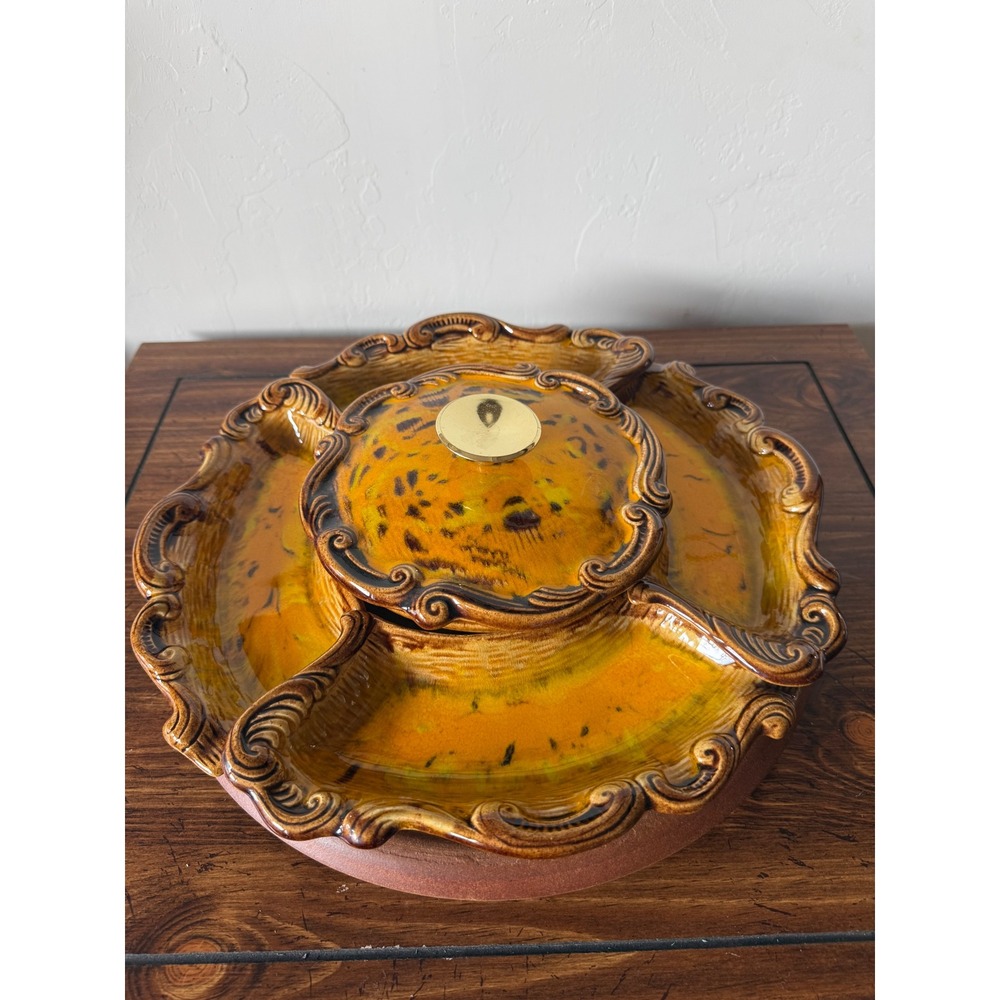 Vintage Cal Style USA 254 Ceramic Lazy Susan Serving Set Yellow Brown 7 Piece